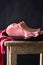 Raw meat on black plate and red towel. Clasic still life