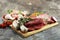 Raw meat. Different types of raw pork meat, chicken and beef with spices and herbs