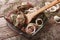 Raw meat in a green marinade with onions in a bowl closeup. hori