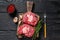 Raw meat osso buco veal shank steak , making italian ossobuco. Black Wooden background. Top view