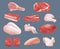 Raw meat. Plastic transparent packages with beef chicken pork and steak products animals sliced parts vector realistic
