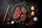 Raw meat. Pork and beef assorted raw steaks on a wooden board. On a dark background. Top view. Copy space. generative ai