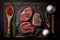 Raw meat. Pork and beef assorted raw steaks on a wooden board. On a dark background. Top view, Generative AI