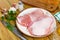 Raw meat, pork steaks with spices on white plate