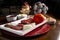 Raw meat, raw mignon steaks, tomato, ingredients, salt and pepper, christmas decoration