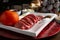 Raw meat, raw mignon steaks, tomato, ingredients, salt and pepper, christmas decoration