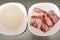 Raw meat and rice grits. Ingridinets for cooking at home