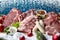 Raw meat and sausages in winter cooking concept