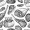 Raw meat seamless pattern. Vector drawing. Hand drawn beef steak