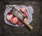 Raw Meat set for broth in paper and vintage cleaver