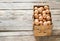 Raw natural chicken eggs in a box. Copy space
