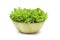 Raw organic green oak lettuce in wood bowl on white isolated background with clipping path. Fresh green oak lettuce have high