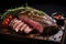 Raw organic marbled beef steaks with spices on a wooden cutting board on a black background