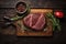 Raw organic marbled beef steaks with spices on a wooden cutting board on a black background