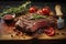 Raw organic marbled beef steaks with spices on a wooden cutting board on a black background