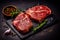 Raw organic marbled beef steaks with spices on a wooden cutting board on a black slate, stone or concrete background