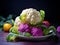 Raw Organic Multi Colored Cauliflower Ready to Cook. Cauliflower assortment with leaves, close up. Purple and white whole raw