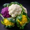 Raw Organic Multi Colored Cauliflower Ready to Cook. Cauliflower assortment with leaves, close up. Purple, yellow and white whole