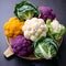 Raw Organic Multi Colored Cauliflower Ready to Cook. Cauliflower assortment with leaves in wooden plate, close up. Purple, yellow