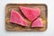 Raw organic tuna fillet. Seafood, on wooden tray, on white stone  background, top view flat lay