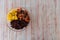 Raw Organic Tuna Poke Bowl with Rice and Veggies close-up on the table. Top view from above horizontal