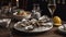 Raw oysters served in a french restaurant with lemon slices, wine, baguette and butter