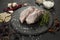 Raw partridge meat on kitchen, cooking gourmet wild bird. Healthy diet recipe