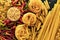 Raw pasta. Varied Italian pasta. Spaghetti, tagliatelle, fettuccine. Many types of pasta