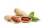 Raw peanuts on white background with green leaf. Healthy snack ona white background.Top view.