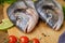 Raw peeled dorado fish with cooking ingredients. Fresh fish on a wooden background