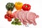 Raw pork meat, vegetables and spices, arranged on kitchen board