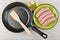 Raw pork sausages in plate, frying pan with spatula