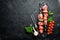 Raw pork shish kebab. BBQ meat with vegetables and spices. Top view.