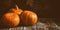 Raw pumpkins on a vintage wooden table decorated with maple leaves, banner. Halloween and Thanksgiving concept. Selective focus