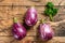 Raw purple Aubergine or eggplant. wooden background. Top view