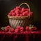 Raw Raspberry on a wooden basket freshly harvested. ai generated