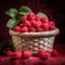 Raw Raspberry on a wooden basket freshly harvested. ai generated