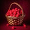 Raw Raspberry on a wooden basket freshly harvested. ai generated