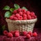 Raw Raspberry on a wooden basket freshly harvested. ai generated