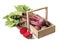 Raw ripe beets and wooden basket on background