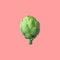 Raw ripe green floating artichoke isolated on pink background. Creative food poster