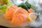 Raw salmon slice or salmon sashimi in Japanese style fresh serve