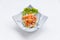 Raw Salmon Spicy Salad in Japanese Painted Ceramic Dish