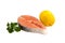 Raw salmon steak, lemon and parsley