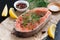 Raw salmon steak, lemon and spices prepared for cooking