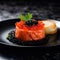 Raw salmon tartare with black and red caviar and a glass of white wine on restaurant table. Fresh salmon starter served in a black
