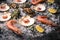 Raw seafood: scallops, langoustines, shrimps and oysters