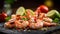 Raw Shrimps Artfully Arranged on a Stone Board, Accented with Vibrant Cherry Tomatoes, Exotic Spices, and Citrusy Lime, against a