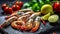 Raw Shrimps Artfully Arranged on a Stone Board, Accented with Vibrant Cherry Tomatoes, Exotic Spices, and Citrusy Lime, against a