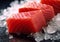 Raw slices of tuna fish for steak on ice cubes.Macro.AI generative